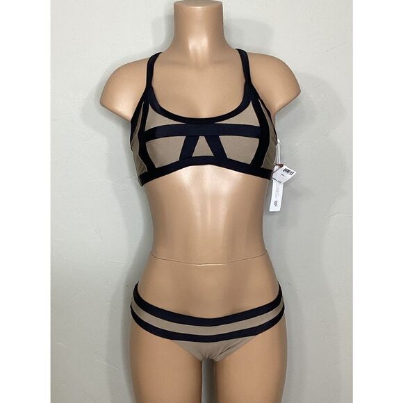 New. Pilyq tan and black color block bikini set. L-top/S-bottom - Picture 3 of 7